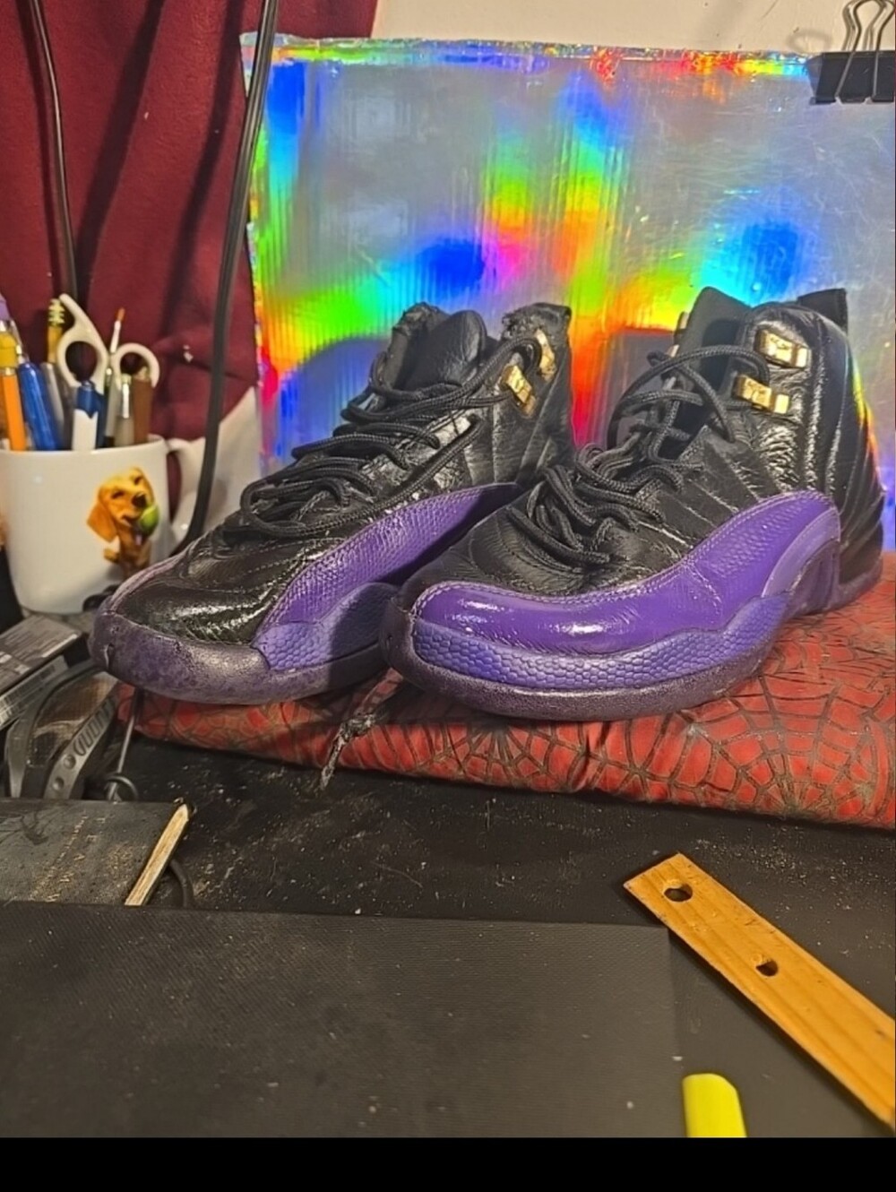 060626 Jordan 12 Retro Field Youth Sneakers Size 5.5Y Black Purple Gold 153265-0